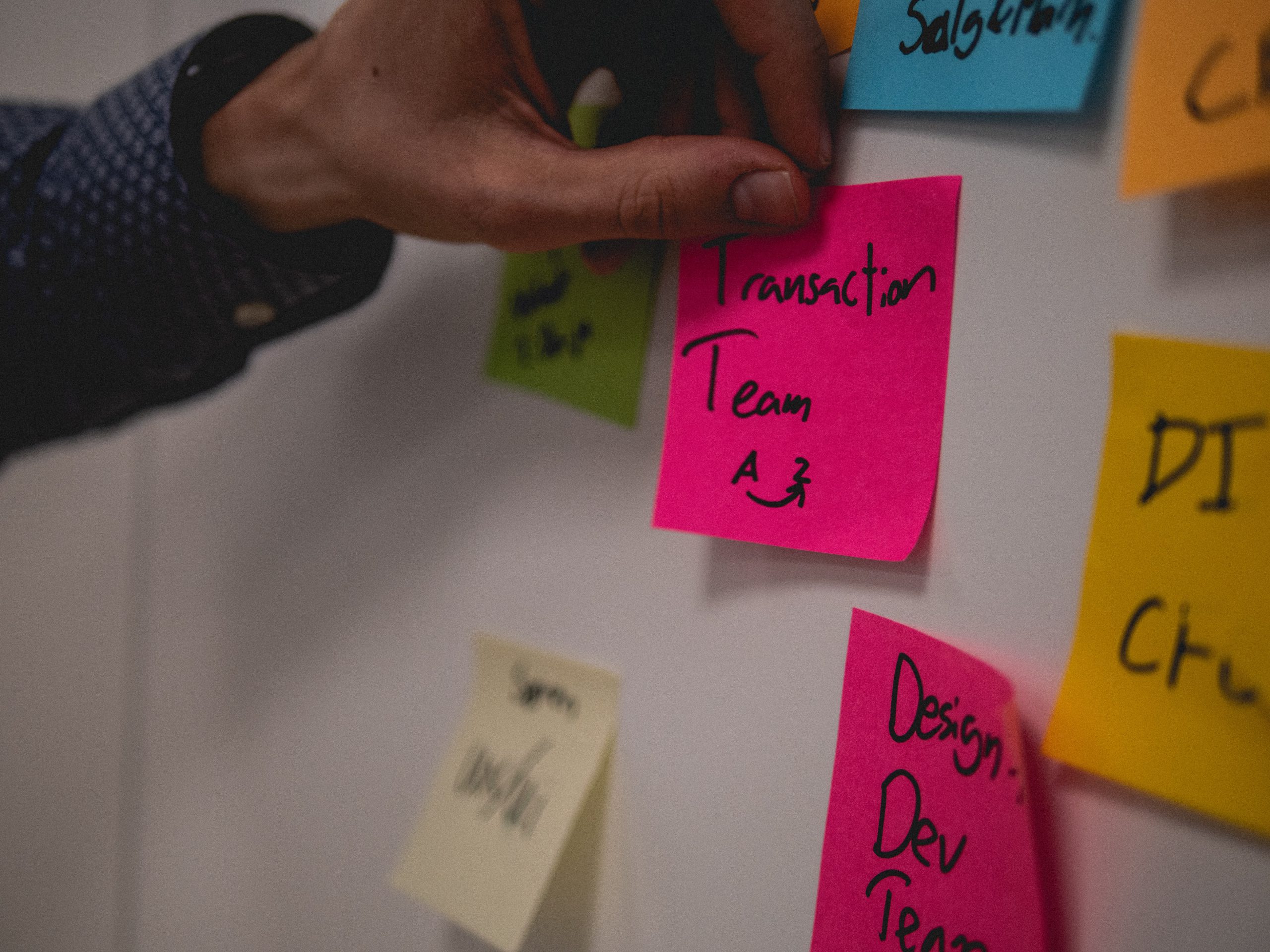 kvalifik-HQgj1kE2SRo-unsplash Post its with notes and the one focused saysÑ Transaction Team a-z