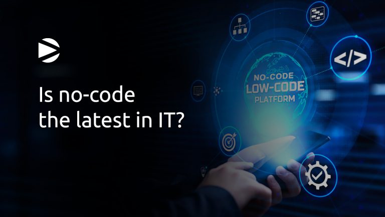 Man using a cellphone while a technology hologram comes out of it displaying some code and technology icons and the phrase "Low Code No Code Platform"