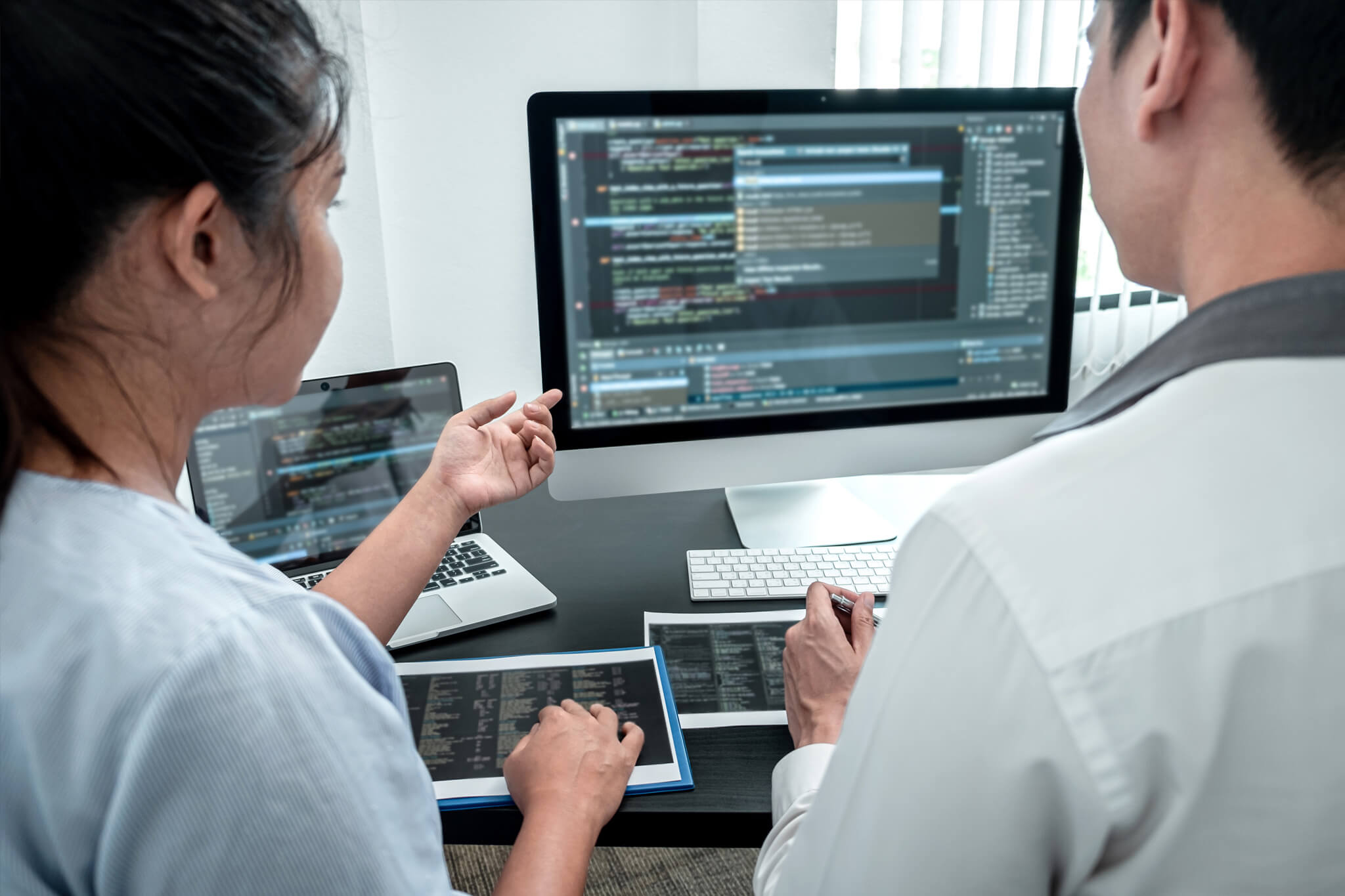 Back view of two software developers working together