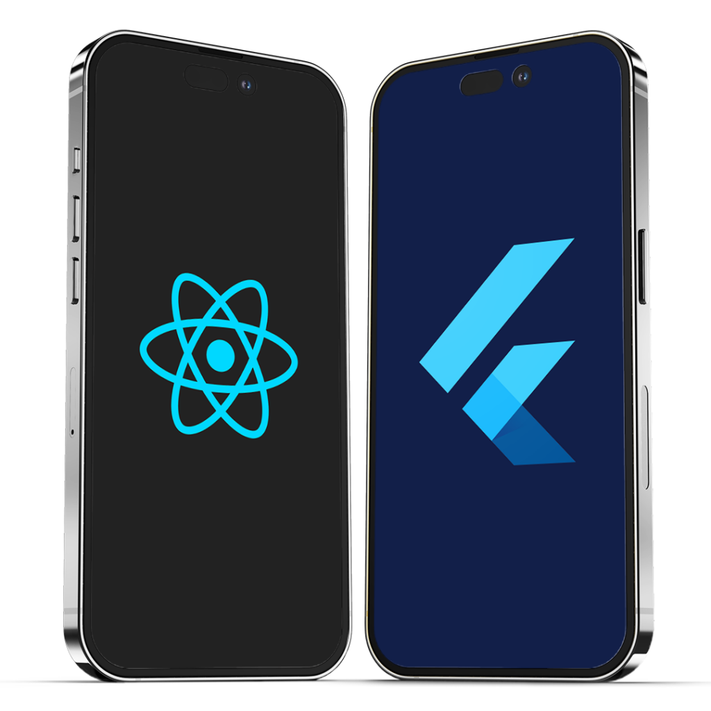 2 cellphones displaying React and Flutter logos